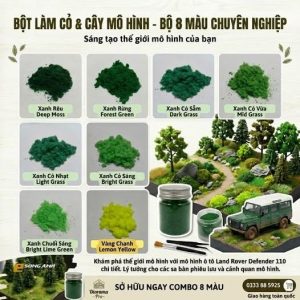 Bộ combo 8 màu bột làm cỏ và cây mô hình gồm xanh rêu, xanh rừng, xanh cỏ và vàng chanh chuyên dụng cho sa bàn diorama tại Song Anh Shop.
